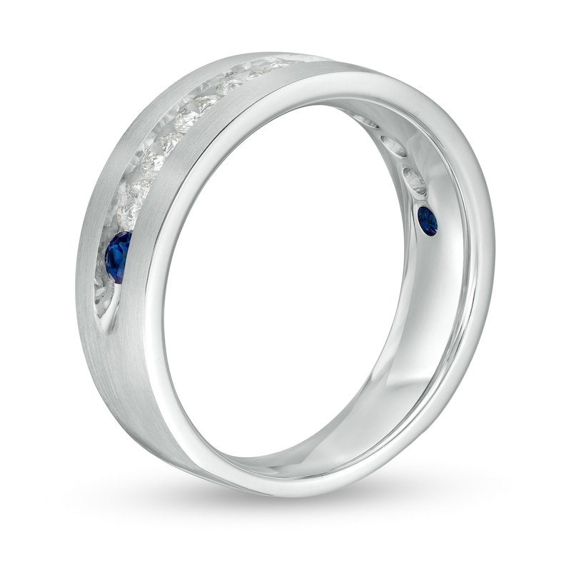 Vera Wang Love Collection Men's 1 CT. T.W. Diamond and Blue Sapphire Eleven Stone Wedding Band in 14K White Gold