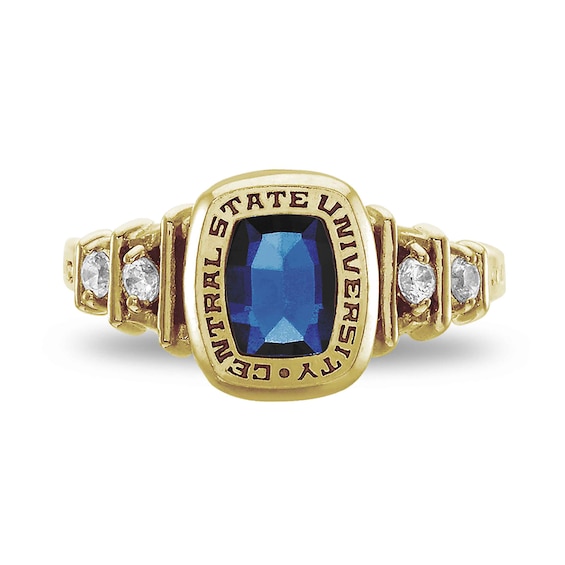 Cushion-Cut Simulated Birthstone and 1/8 CT. T.w. Diamond College Class Ring by ArtCarved (1 Stone)
