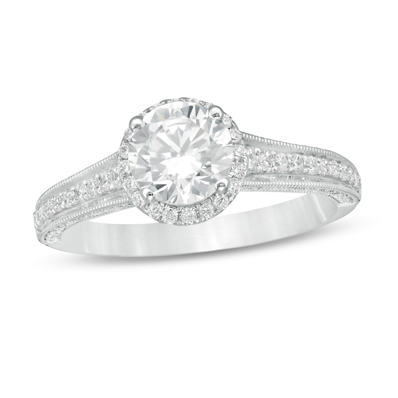 Main Image 1 of Celebration Ideal 1-1/3 CT. T.W. Certified Diamond Frame Vintage-Style Engagement Ring in 14K White Gold (I/I1)