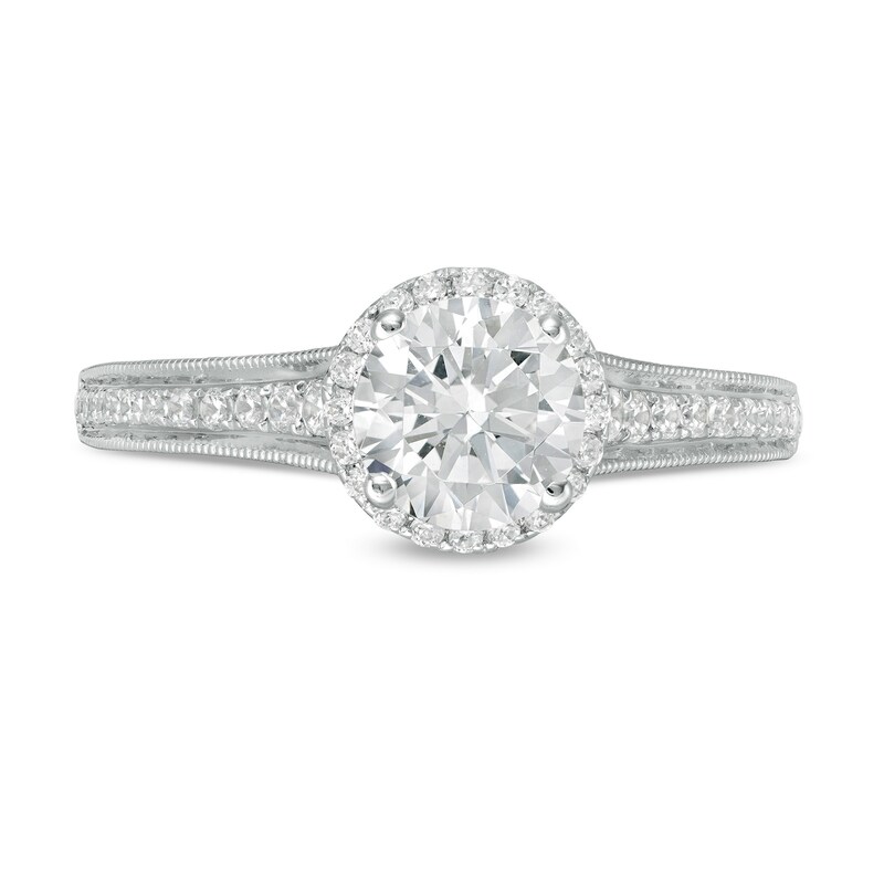 Main Image 4 of Celebration Ideal 1-1/3 CT. T.W. Certified Diamond Frame Vintage-Style Engagement Ring in 14K White Gold (I/I1)