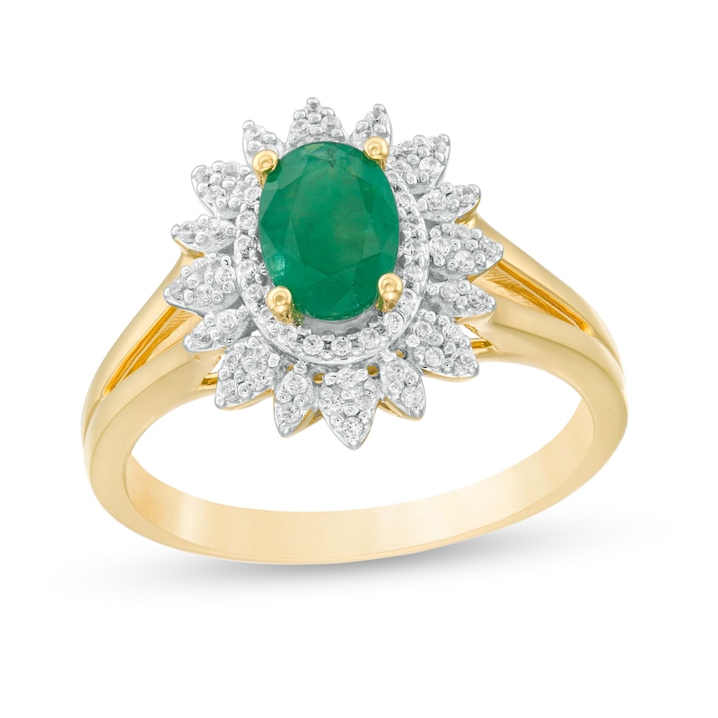 Oval Emerald and 1/5 CT. T.W. Diamond Flower Frame Split Shank Ring in 10K Gold