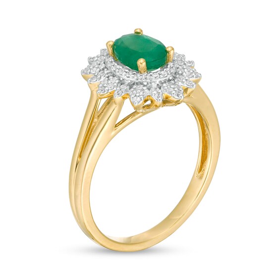 Oval Emerald and 1/5 CT. T.W. Diamond Flower Frame Split Shank Ring in 10K Gold Oval Emerald and 1/5 CT. T.W. Diamond Flower Frame Split Shank Ring in 10K Gold
