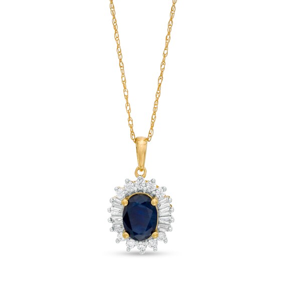 Oval Blue Sapphire and 1/5 CT. T.W. Baguette and Round Diamond Starburst Frame Pendant in 10K Gold Oval Blue Sapphire and 1/5 CT. T.W. Baguette and Round Diamond Starburst Frame Pendant in 10K Gold