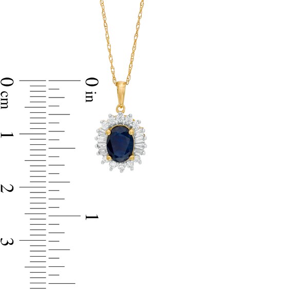 Oval Blue Sapphire and 1/5 CT. T.W. Baguette and Round Diamond Starburst Frame Pendant in 10K Gold Oval Blue Sapphire and 1/5 CT. T.W. Baguette and Round Diamond Starburst Frame Pendant in 10K Gold