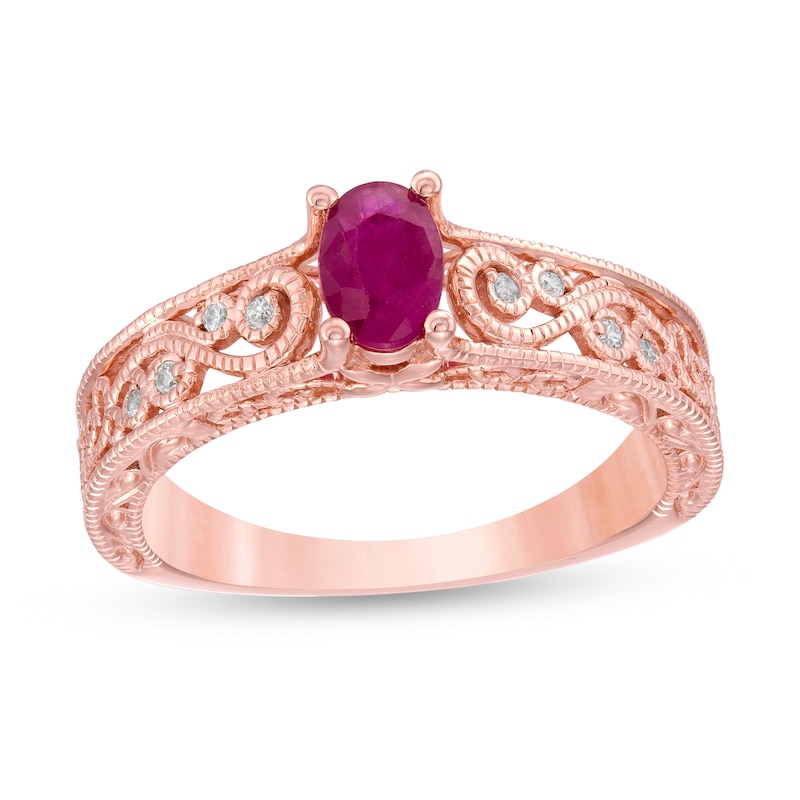 Main Image 1 of Oval Ruby and 1/20 CT. T.W. Diamond Scroll Open Shank Vintage-Style Ring in 10K Rose Gold