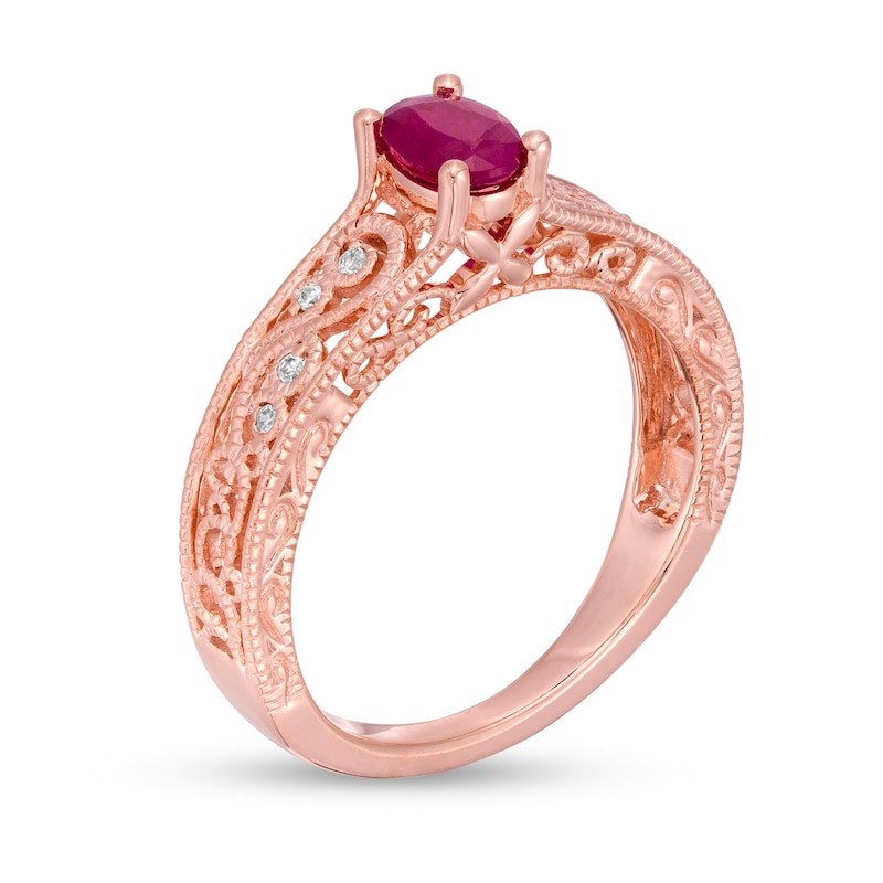Main Image 3 of Oval Ruby and 1/20 CT. T.W. Diamond Scroll Open Shank Vintage-Style Ring in 10K Rose Gold