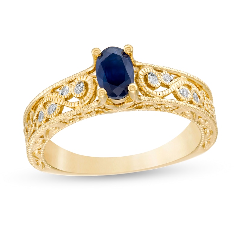 Oval Blue Sapphire and 1/20 CT. T.W. Diamond Scroll Open Shank Vintage-Style Ring in 10K Gold