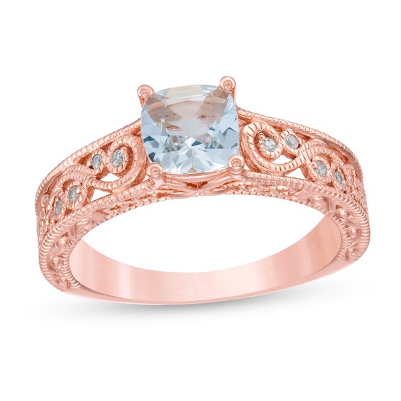 6.0mm Cushion-Cut Aquamarine and 1/20 CT. T.W. Diamond Scroll Open Shank Vintage-Style Ring in 10K Rose Gold 6.0mm Cushion-Cut Aquamarine and 1/20 CT. T.W. Diamond Scroll Open Shank Vintage-Style Ring in 10K Rose Gold