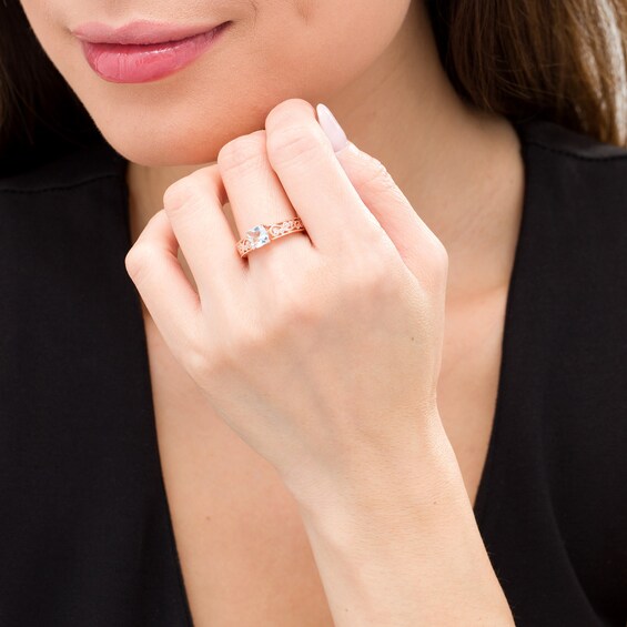 6.0mm Cushion-Cut Aquamarine and 1/20 CT. T.W. Diamond Scroll Open Shank Vintage-Style Ring in 10K Rose Gold 6.0mm Cushion-Cut Aquamarine and 1/20 CT. T.W. Diamond Scroll Open Shank Vintage-Style Ring in 10K Rose Gold