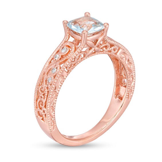 6.0mm Cushion-Cut Aquamarine and 1/20 CT. T.W. Diamond Scroll Open Shank Vintage-Style Ring in 10K Rose Gold 6.0mm Cushion-Cut Aquamarine and 1/20 CT. T.W. Diamond Scroll Open Shank Vintage-Style Ring in 10K Rose Gold
