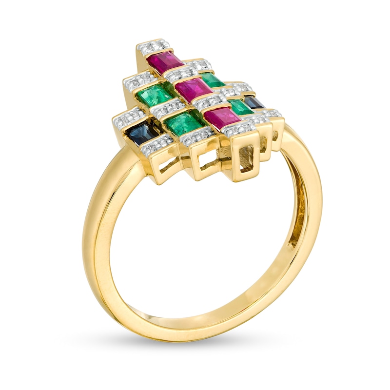 Baguette Ruby, Emerald, Blue Sapphire and 1/15 CT. T.W. Diamond Geometric Ring in 10K Gold