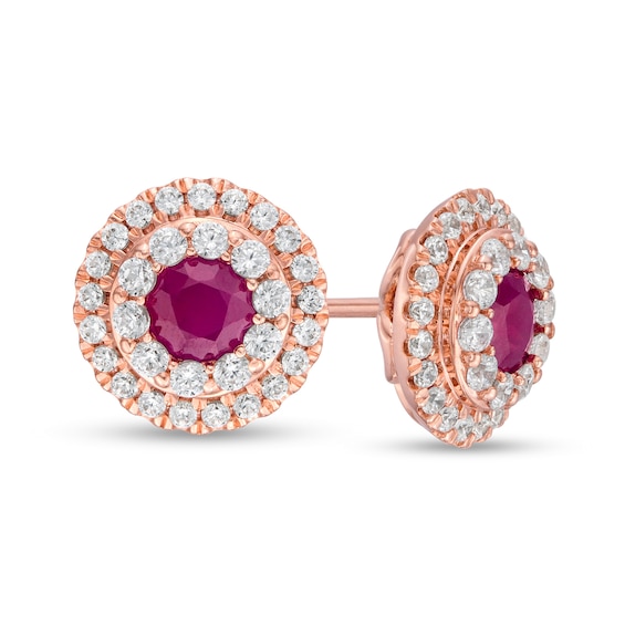 4.0mm Ruby and 1/2 CT. T.w. Diamond Double Frame Stud Earrings in 10K Rose Gold