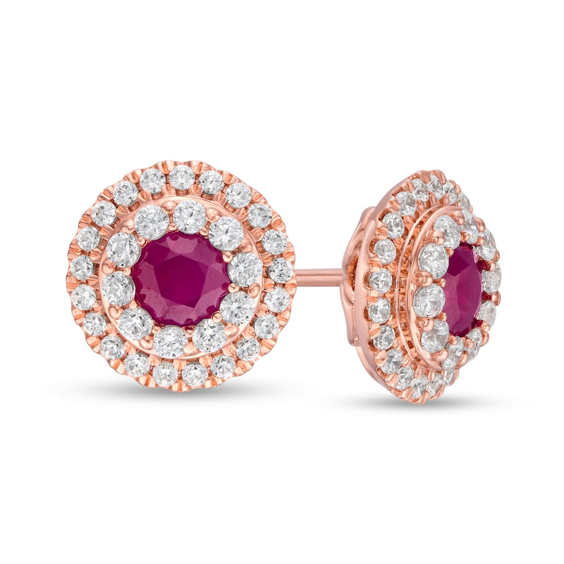4.0mm Ruby and 1/2 CT. T.W. Diamond Double Frame Stud Earrings in 10K Rose Gold
