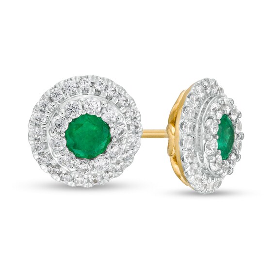 4.0mm Emerald and 1/2 CT. T.W. Diamond Double Frame Stud Earrings in 10K Gold 4.0mm Emerald and 1/2 CT. T.W. Diamond Double Frame Stud Earrings in 10K Gold