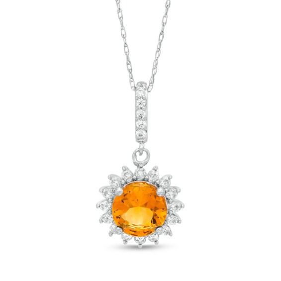 7.0mm Madeira Citrine, White Topaz and 1/20 CT. T.W. Diamond Sunburst Frame Drop Pendant in 10K White Gold 7.0mm Madeira Citrine, White Topaz and 1/20 CT. T.W. Diamond Sunburst Frame Drop Pendant in 10K White Gold