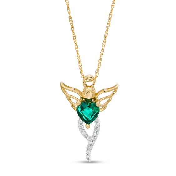 025 Gauge Heart-Shaped Lab-Created Emerald and Diamond Accent Angel Pendant in 10K Gold 025 Gauge Heart-Shaped Lab-Created Emerald and Diamond Accent Angel Pendant in 10K Gold