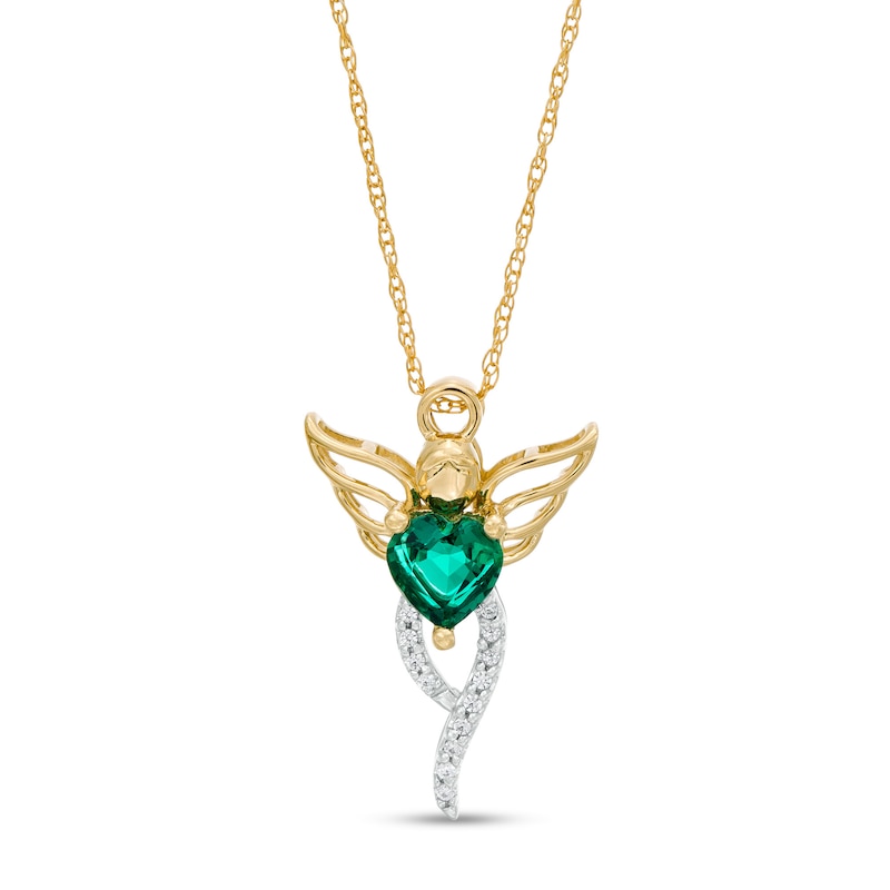 Main Image 1 of 5.0mm Heart-Shaped Lab-Created Emerald and 1/20 CT. T.W. Diamond Angel Pendant in 10K Gold