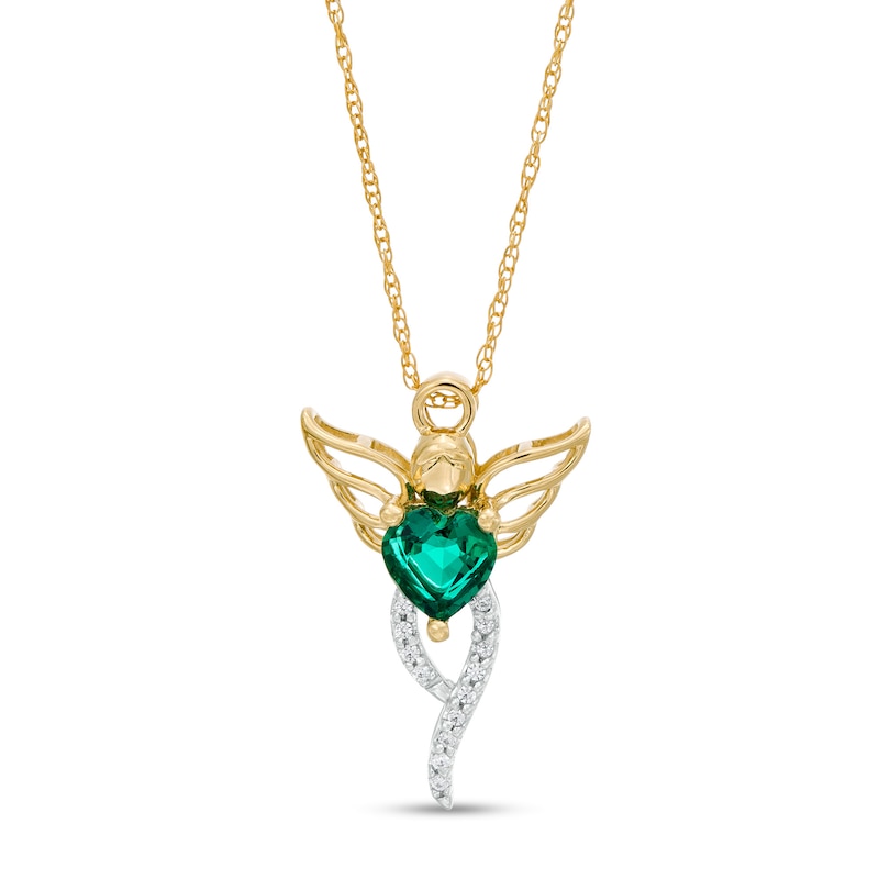 5.0mm Heart-Shaped Lab-Created Emerald and 1/20 CT. T.W. Diamond Angel Pendant in 10K Gold