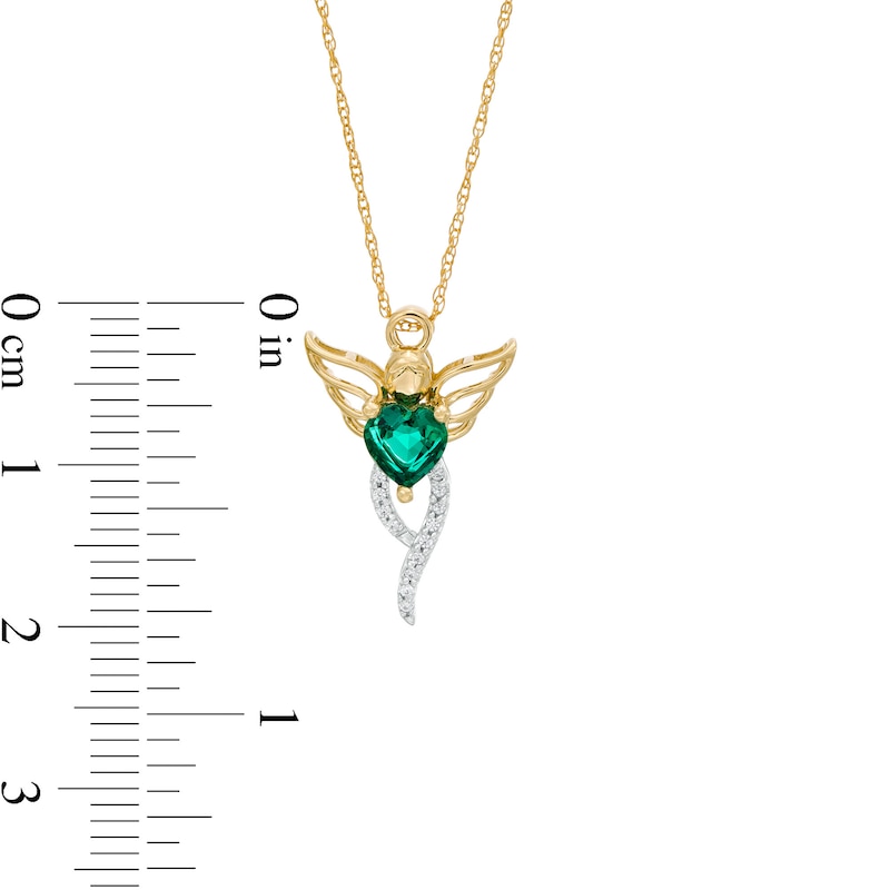 Main Image 3 of 5.0mm Heart-Shaped Lab-Created Emerald and 1/20 CT. T.W. Diamond Angel Pendant in 10K Gold