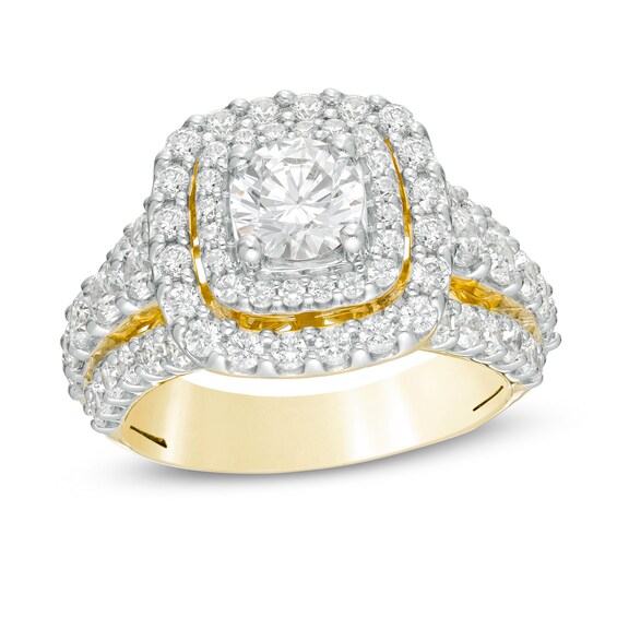 3 CT. T.W. Diamond Double Cushion Frame Multi-Row Engagement Ring in 14K Gold 3 CT. T.W. Diamond Double Cushion Frame Multi-Row Engagement Ring in 14K Gold