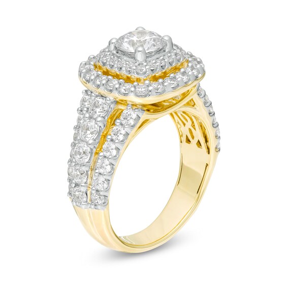 3 CT. T.W. Diamond Dou 3 CT. T.W. Diamond Double Cushion Frame Multi-Row Engagement Ring in 14K Gold