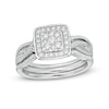 5/8 CT. T.W. Composite Diamond Square Frame Twist Shank Three Piece Bridal Set in Sterling Silver