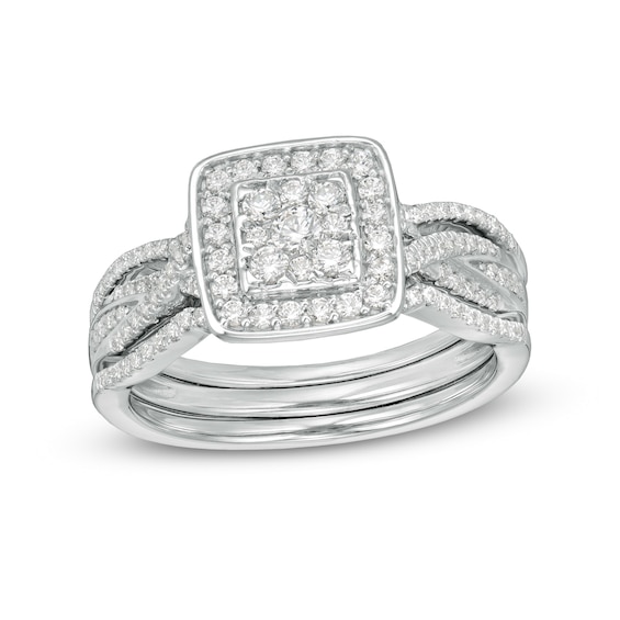 5/8 CT. T.w. Composite Diamond Square Frame Twist Shank Three Piece Bridal Set in Sterling Silver