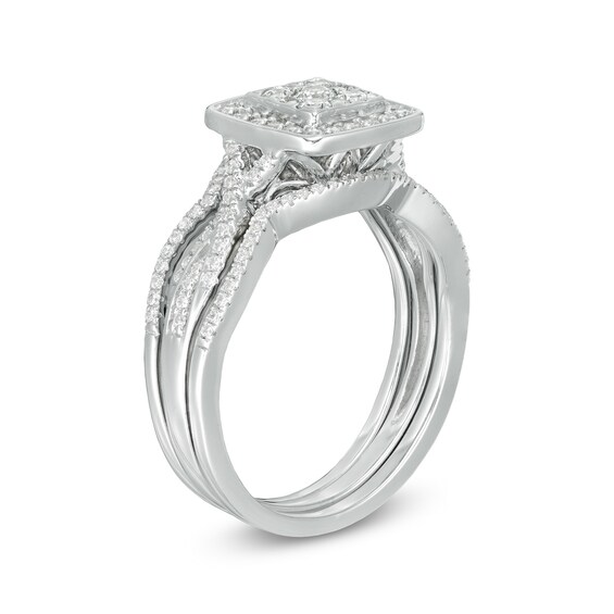 5/8 CT. T.w. Composite Diamond Square Frame Twist Shank Three Piece Bridal Set in Sterling Silver