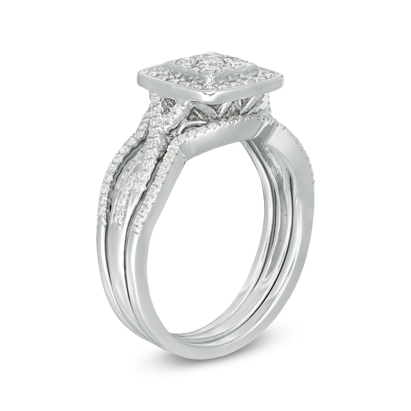 Main Image 3 of 5/8 CT. T.W. Composite Diamond Square Frame Twist Shank Three Piece Bridal Set in Sterling Silver