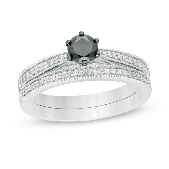 1/2 CT. T.W. Enhanced Black and White Diamond Vintage-Style Bridal Set in 10K White Gold 1/2 CT. T.W. Enhanced Black and White Diamond Vintage-Style Bridal Set in 10K White Gold
