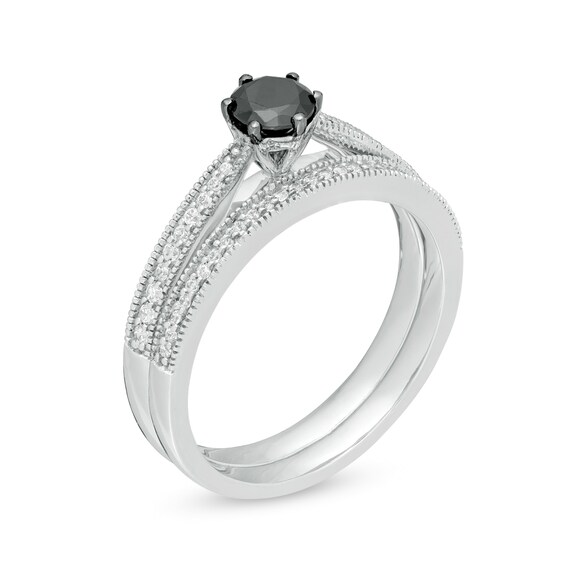 1/2 CT. T.W. Enhanced Black and White Diamond Vintage-Style Bridal Set in 10K White Gold 1/2 CT. T.W. Enhanced Black and White Diamond Vintage-Style Bridal Set in 10K White Gold