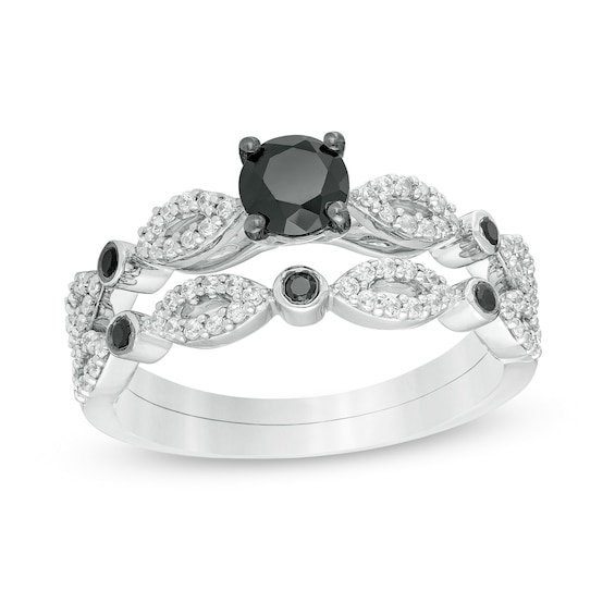 3/4 CT. T.W. Enhanced Black and White Diamond Alternating Marquise Frame Bridal Set in 10K White Gold 3/4 CT. T.W. Enhanced Black and White Diamond Alternating Marquise Frame Bridal Set in 10K White Gold
