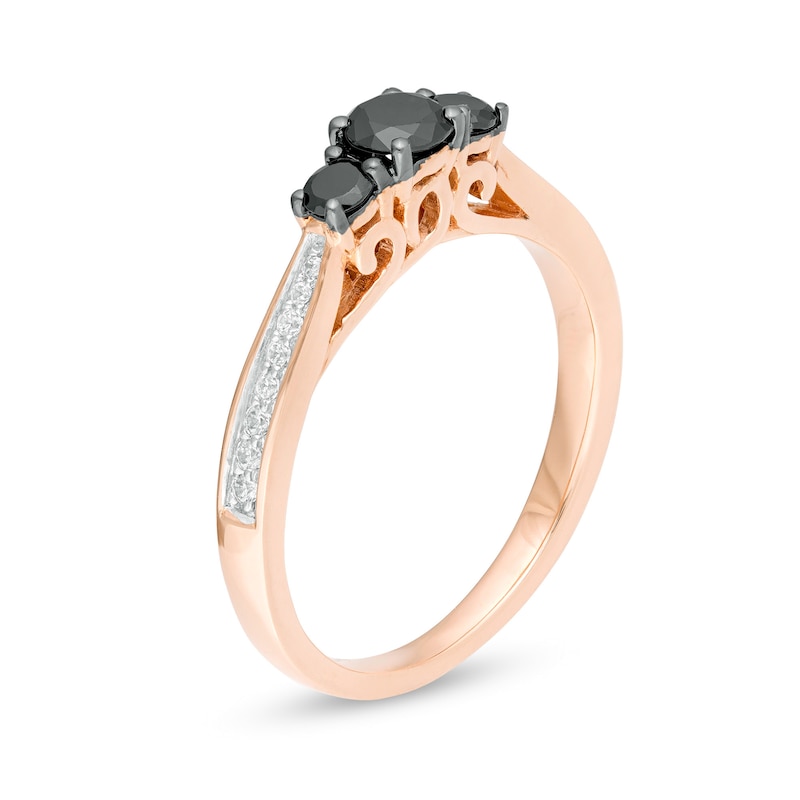 Main Image 3 of 1/2 CT. T.W. Enhanced Black and White Diamond Three Stone Engagement Ring in 10K Rose Gold