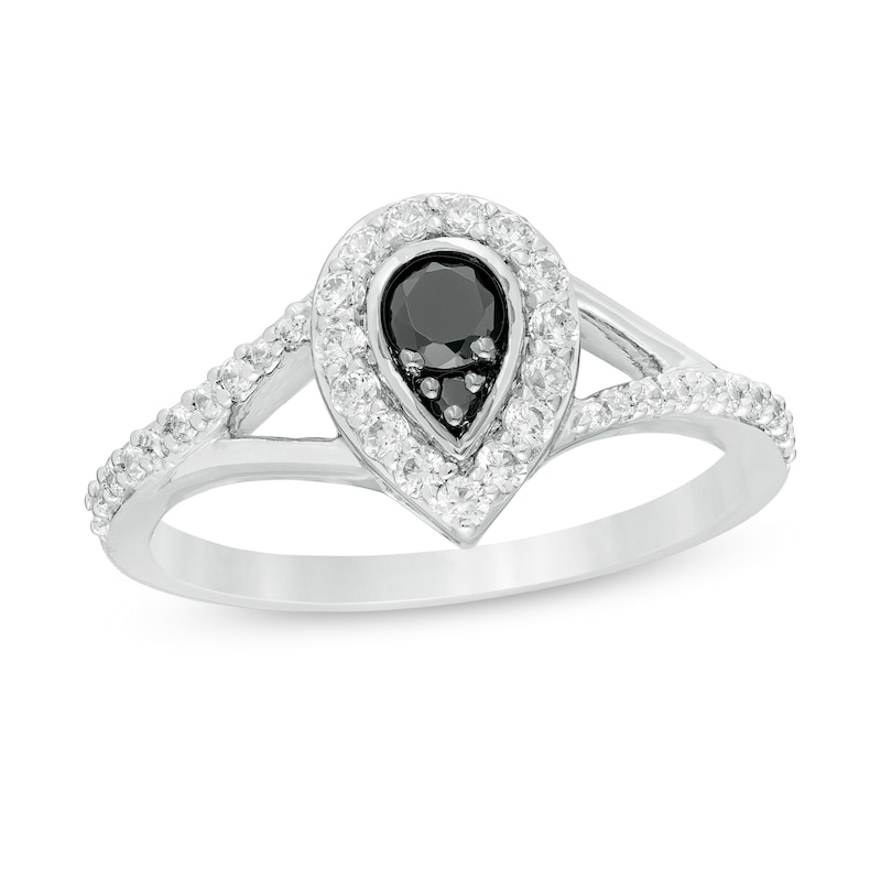 1/2 CT. T.W. Enhanced Black and White Diamond Pear-Shaped Frame Split Shank Engagement Ring in 10K White Gold