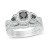 Thumbnail Image 1 of 3/4 CT. T.W. Enhanced Black and White Diamond Frame Three Stone Twist Shank Vintage-Style Bridal Set in 10K White Gold