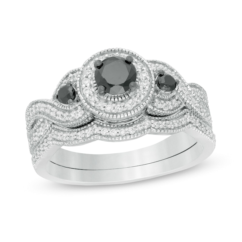 Main Image 1 of 3/4 CT. T.W. Enhanced Black and White Diamond Frame Three Stone Twist Shank Vintage-Style Bridal Set in 10K White Gold