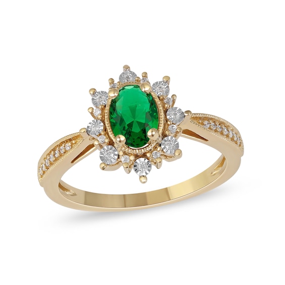 Oval Emerald and 1/10 CT. T.w. Diamond Sunburst Frame Vintage-Style Tapered Shank Ring in 10K Gold