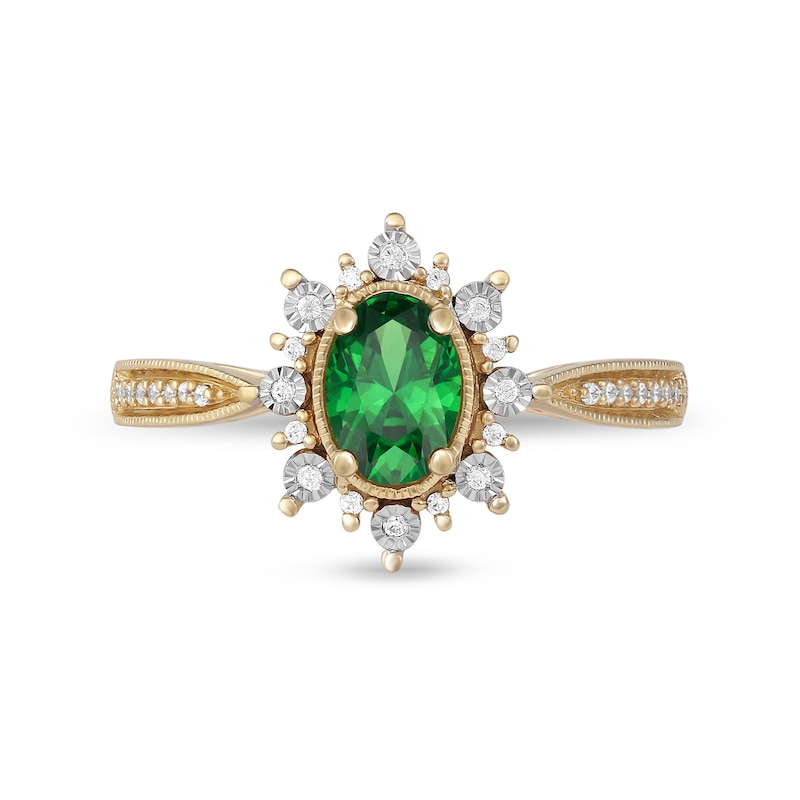 Oval Emerald and 1/10 CT. T.W. Diamond Sunburst Frame Vintage-Style Tapered Shank Ring in 10K Gold