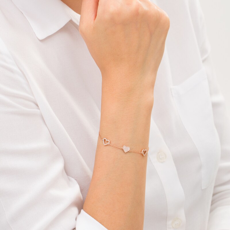 Main Image 2 of 1/5 CT. T.W. Diamond Hearts Station Bracelet in 10K Rose Gold