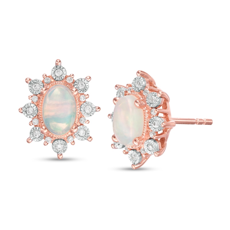 Main Image 1 of Oval Opal and 1/8 CT. T.W. Diamond Starburst Frame Vintage-Style Stud Earrings in 10K Rose Gold