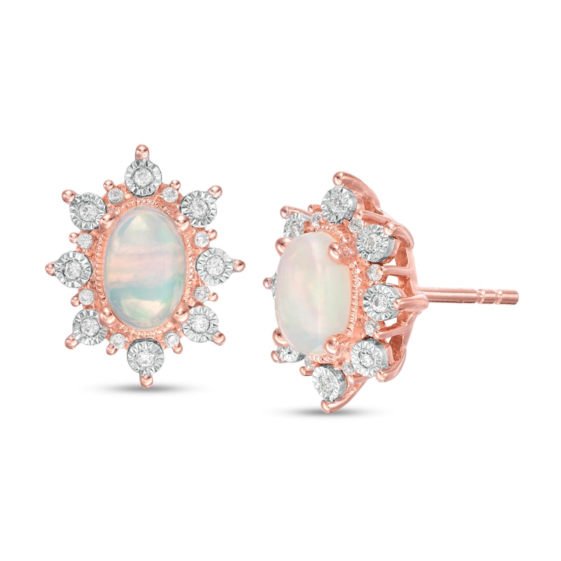 Oval Opal and 1/8 CT. T.W. Diamond Starburst Frame Vintage-Style Stud Earrings in 10K Rose Gold