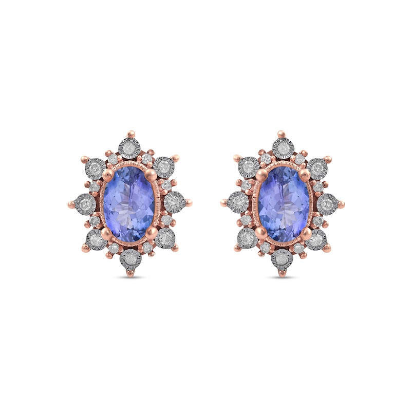 Oval Tanzanite and 1/8 CT. T.W. Diamond Starburst Frame Vintage-Style Stud Earrings in 10K Rose Gold