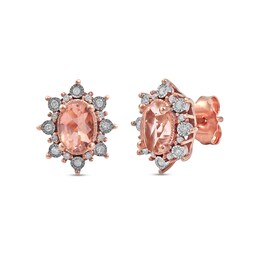 Oval Morganite and 1/8 CT. T.W. Diamond Starburst Frame Vintage-Style Stud Earrings in 10K Rose Gold