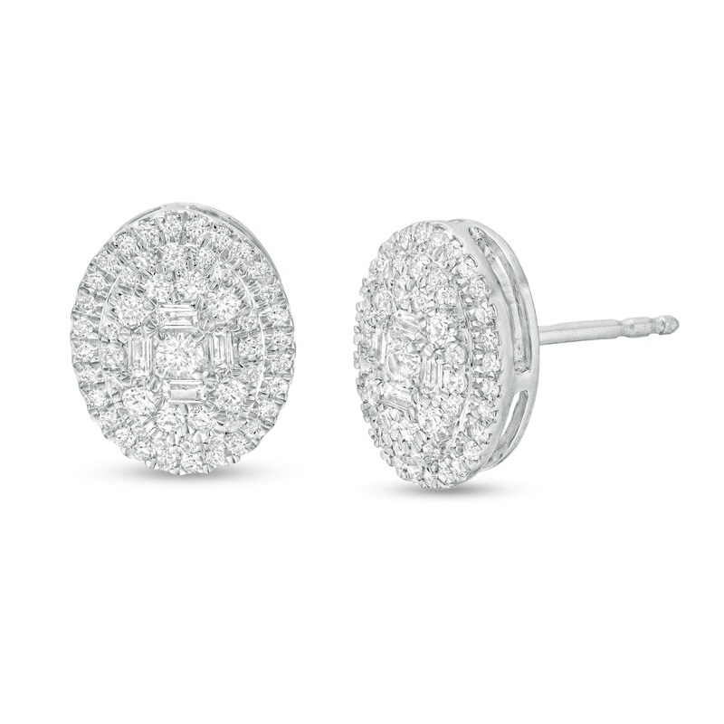Main Image 1 of 1/2 CT. T.W. Oval Multi-Diamond Frame Stud Earrings in 10K White Gold