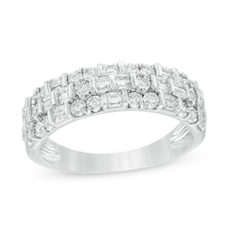 1/3 CT. T.W. Baguette and Round Diamond Alternating Multi-Row Ring in Sterling Silver