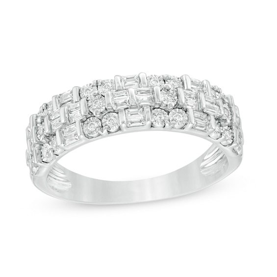 1/3 CT. T.w. Baguette and Round Diamond Alternating Multi-Row Ring in Sterling Silver