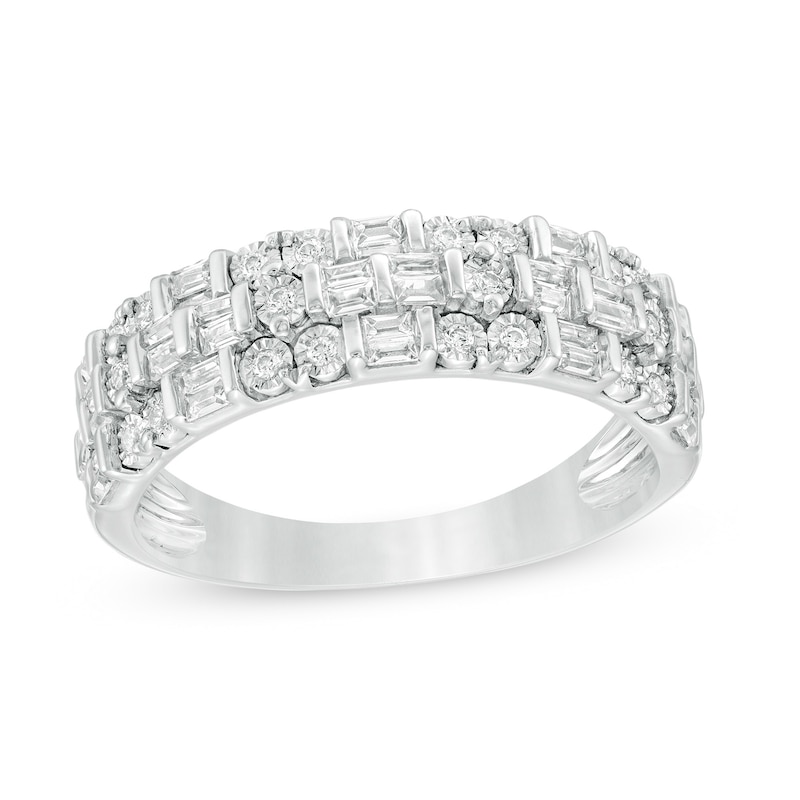 Main Image 1 of 1/3 CT. T.W. Baguette and Round Diamond Alternating Multi-Row Ring in Sterling Silver