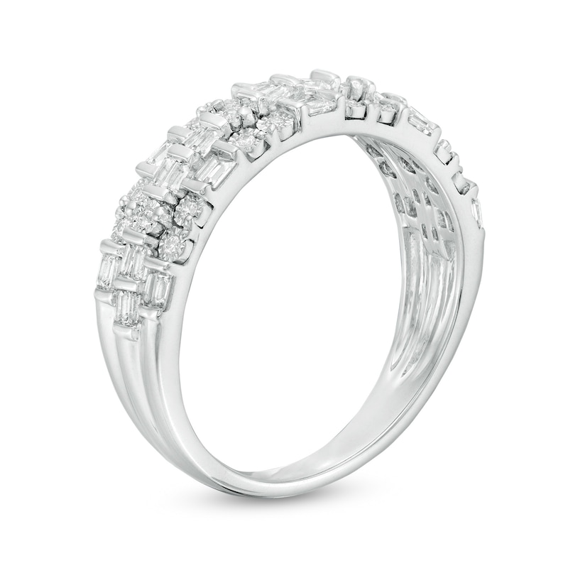Main Image 3 of 1/3 CT. T.W. Baguette and Round Diamond Alternating Multi-Row Ring in Sterling Silver