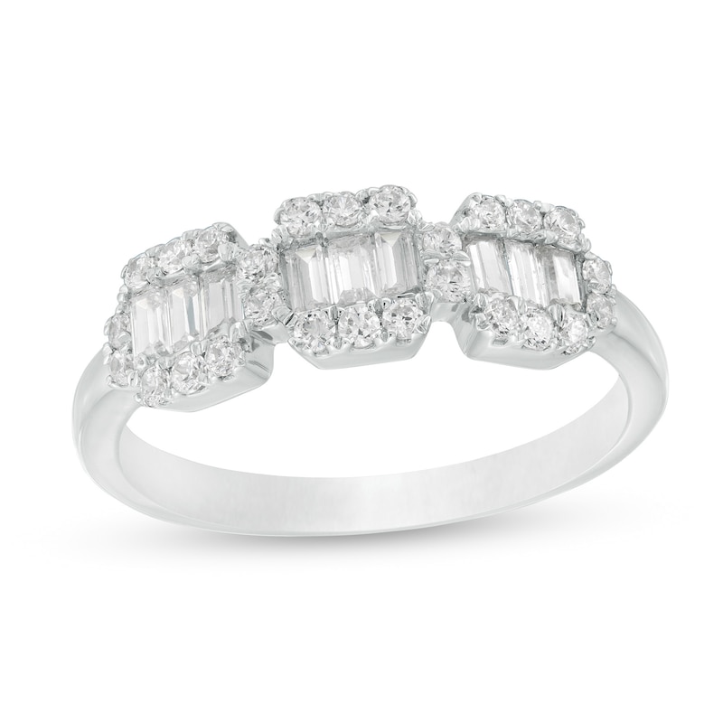 1/2 CT. T.W. Baguette and Round Diamond Composite Three Stone Ring in 10K White Gold
