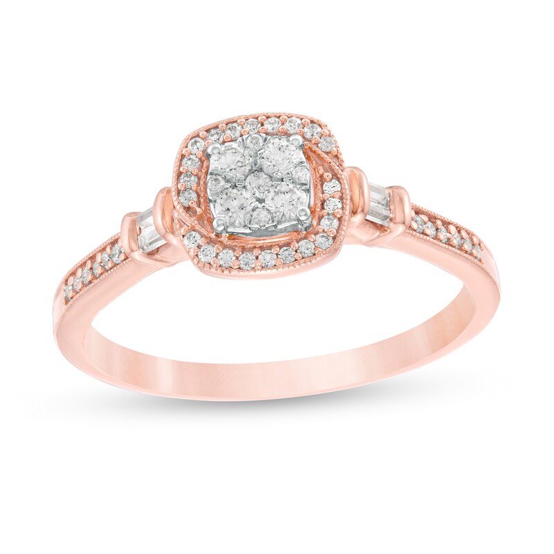 1/4 CT. T.W. Composite Diamond Cushion Frame Vintage-Style Promise Ring in 10K Rose Gold